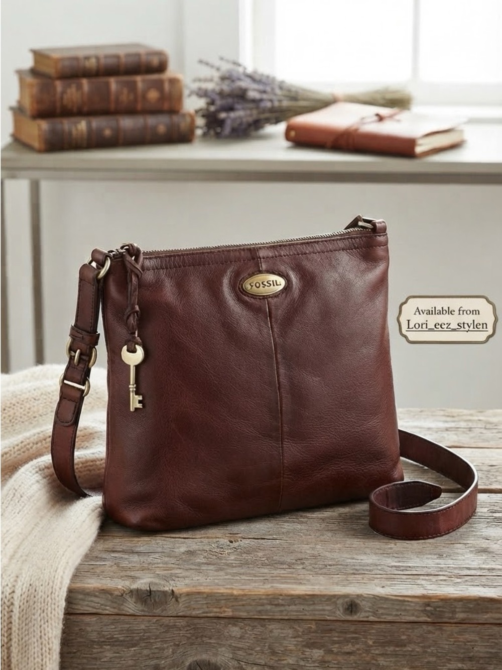 Fossil Brown Leather Key Charm Crossbody Bag